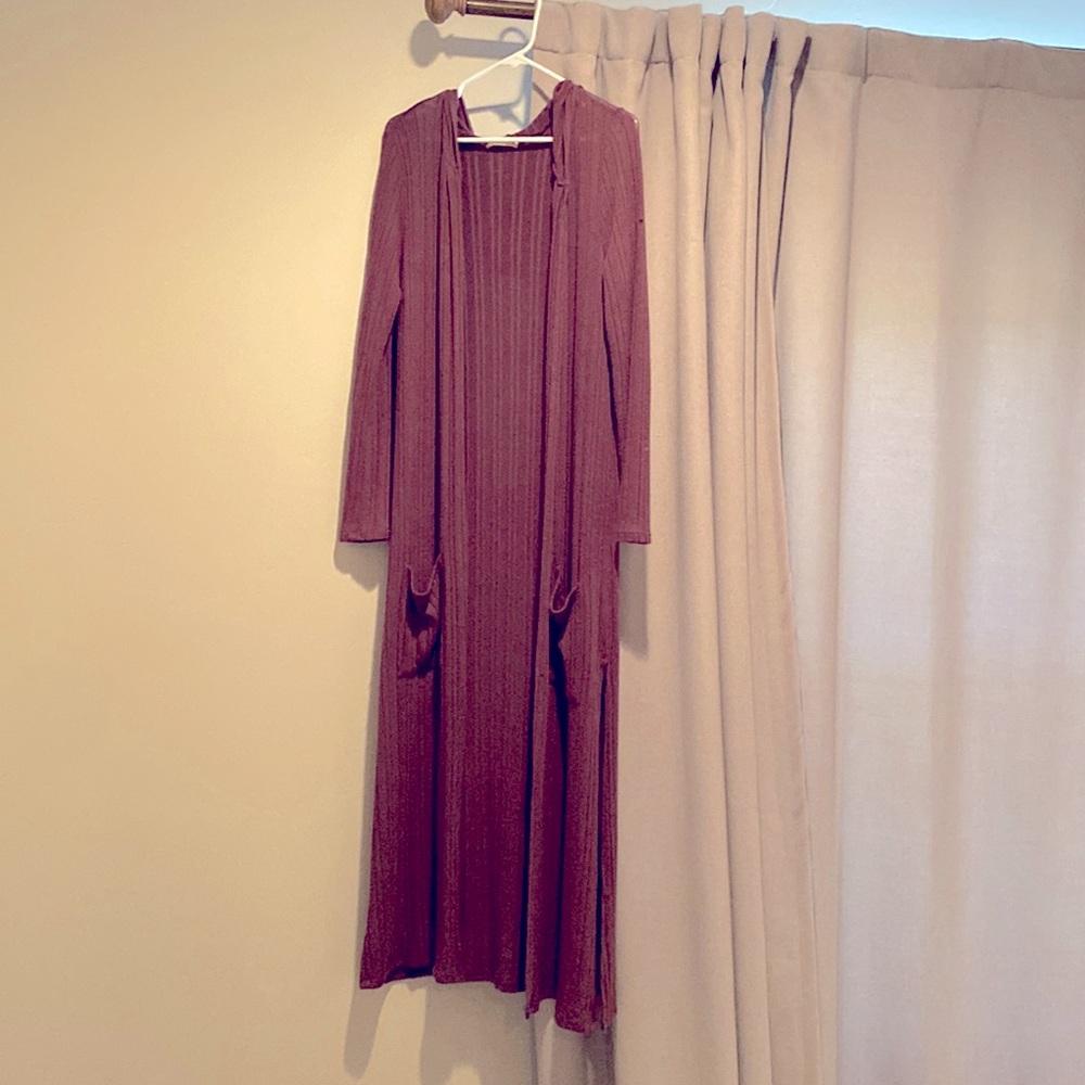 Full length shrug, hooded, deep purple, with slits down the side.